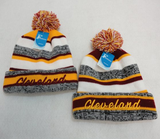 Knitted HAT with PomPom [Embroidered CLEVELAND-W/G] Stripes